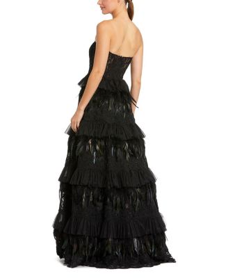 Strapless Tiered Lace & Feather Gown