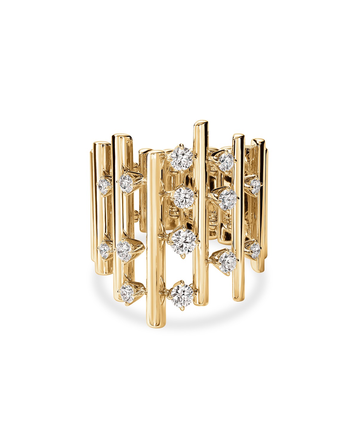 18K Yellow Gold Barre Diamond Multirow Statement Ring