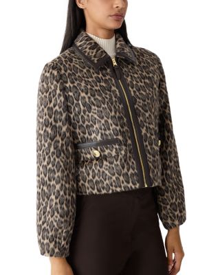Animal Print Cropped Leather Trim Jacket