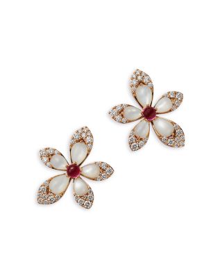  18K Rose Gold Tiare Mother of Pearl, Rubellite, & Diamond Flower Stud Earrings