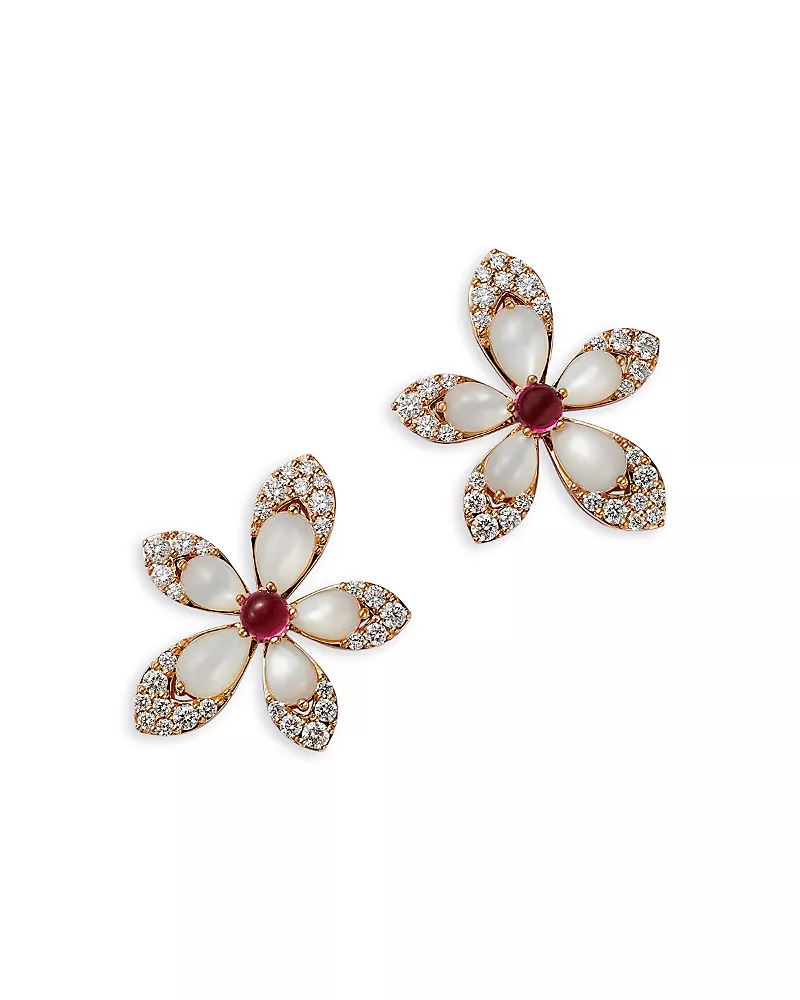 Roberto Coin 18K Rose Gold Tiare Mother of Pearl, Rubellite, & Diamond Flower Stud Earrings