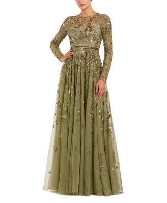 Long Sleeve Hand Embellished Floral A-line Gown