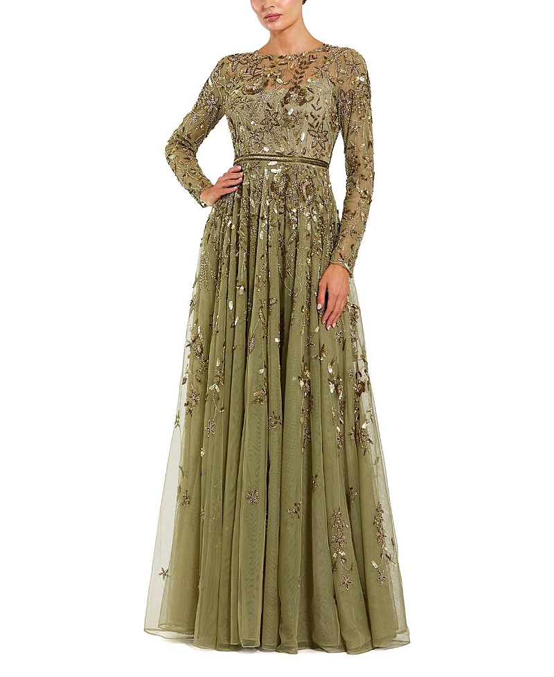 Mac Duggal Long Sleeve Hand Embellished Floral A-line Gown