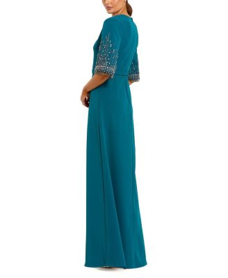  Crepe A Line Gown With Beaded 3/4 Sleeves