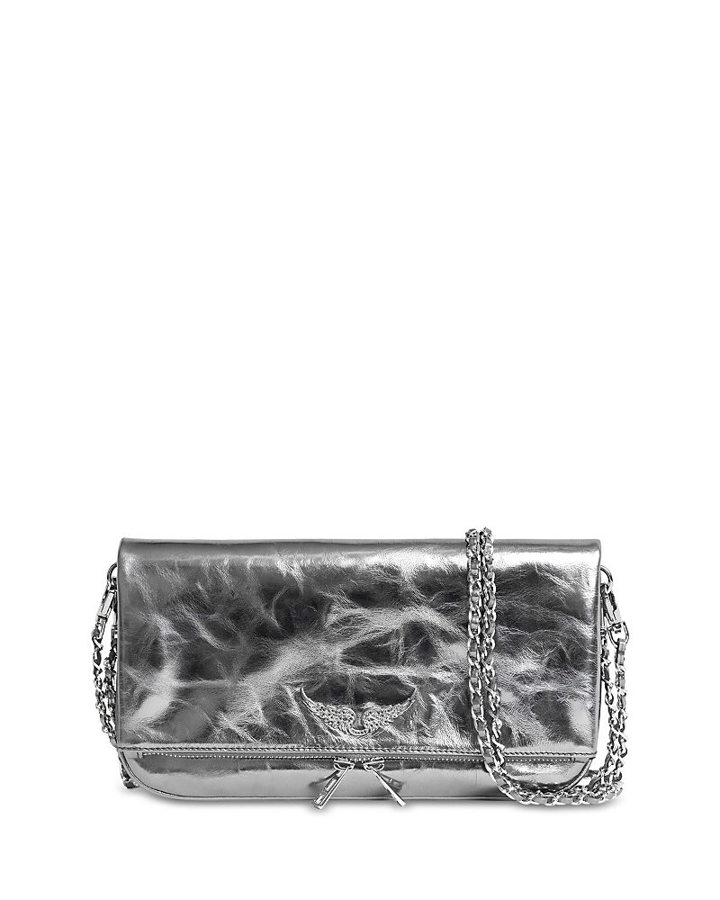 Zadig & Voltaire Rock Vintage Effect Metallic Leather Clutch In Silver