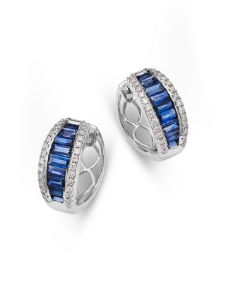Blue Sapphire & Diamond Huggie Hoop Earrings in 14K White Gold