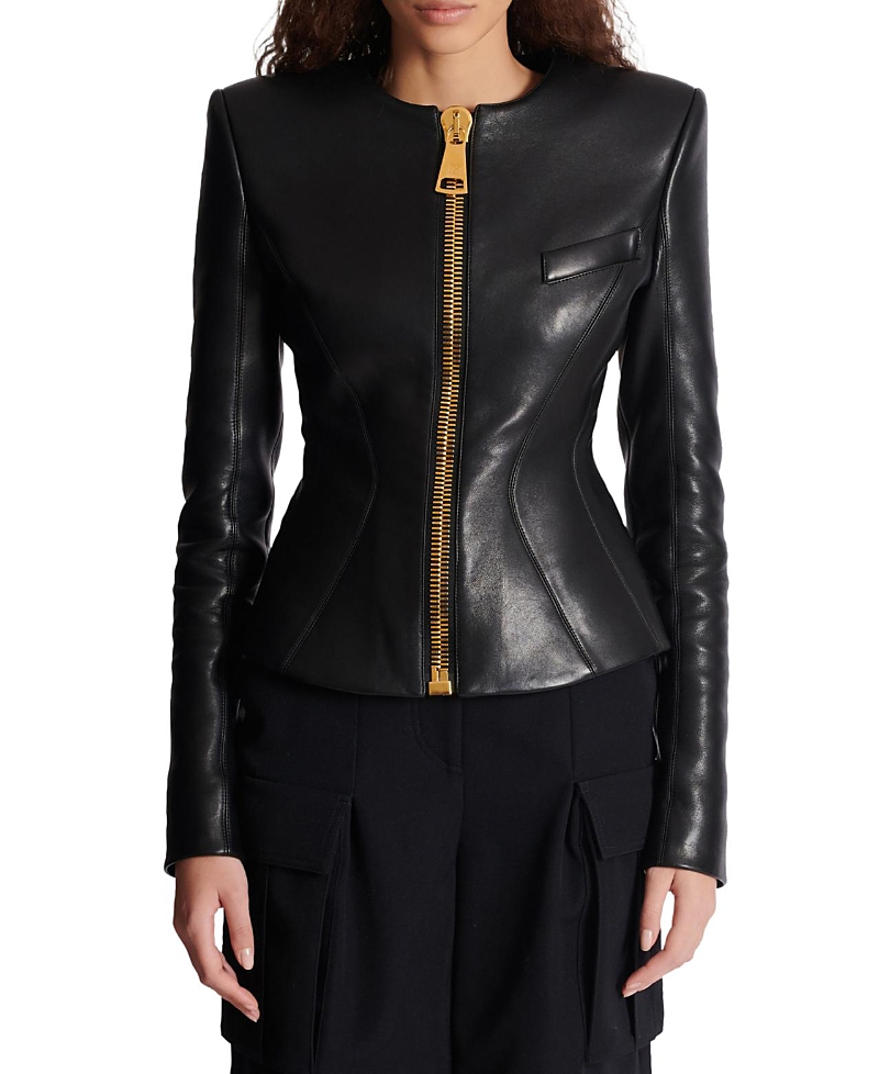 Balmain Cropped Peplum Lambskin Jacket In Black