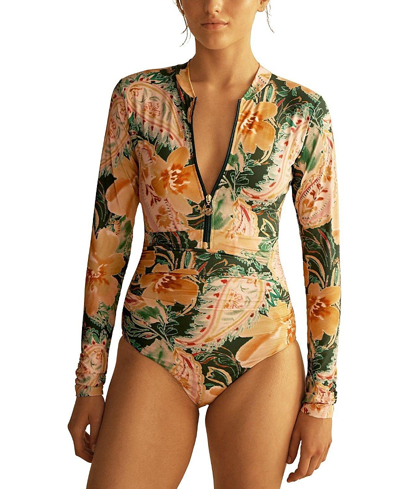 Aur Ocea Ibisco Ruched Long Sleeve One Piece In Multi