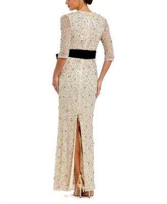  Beaded Mesh 3/4 Sleeve Column Gown With Bow Belt