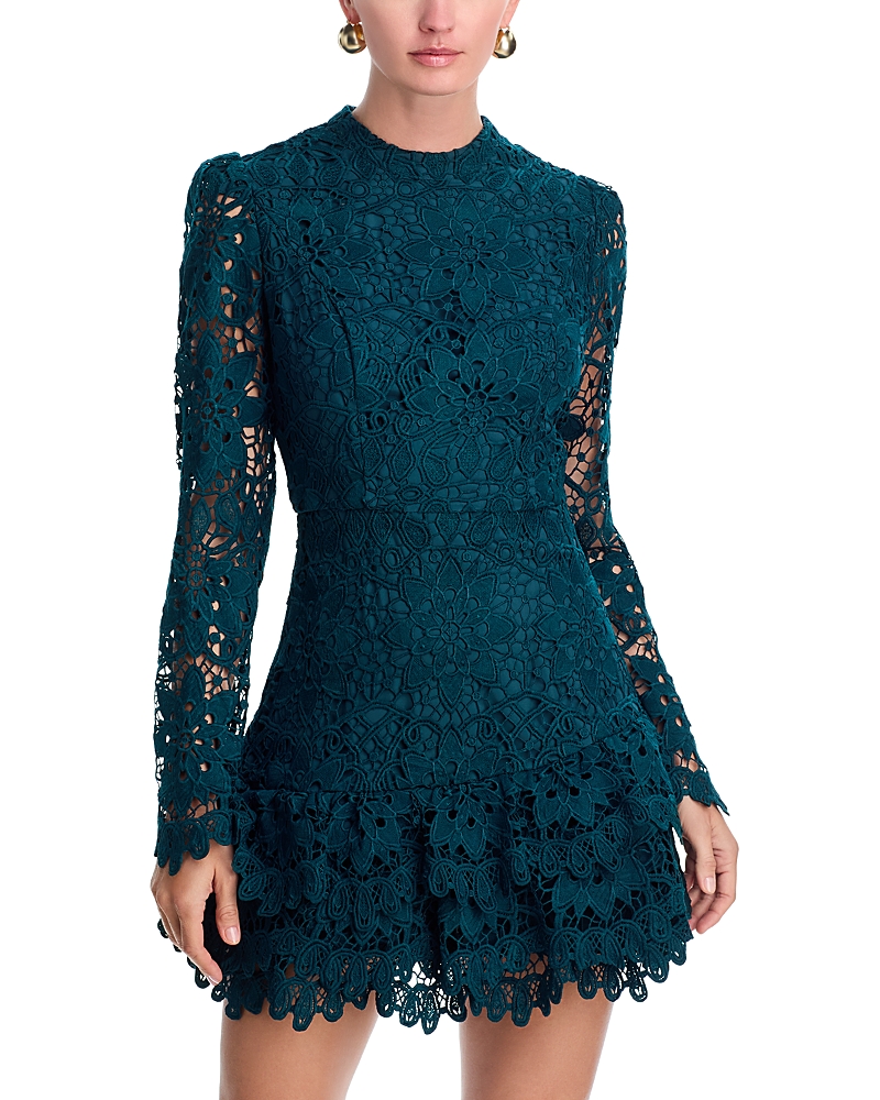 Aqua Lace Long Sleeve Flounce Mini Dress - Exclusive In Green