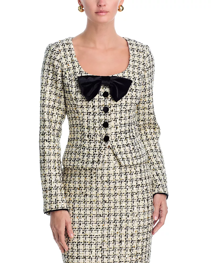 Aqua Sequin Tweed Velvet Bow Jacket - Exclusive
