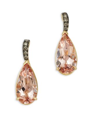 Morganite & Brown Diamond Drop Earrings in 14K Yellow Gold