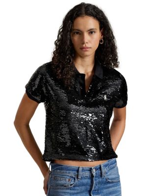 Sequined Mesh Crop Polo Shirt