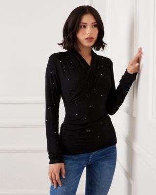 Long Sleeve Embellished Drape Front Crossover Top