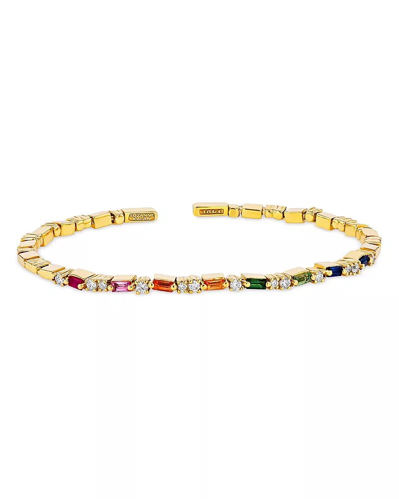 Suzanne Kalan 18K Yellow Gold Rainbow Sapphire Baguette & Diamond Bangle Bracelet