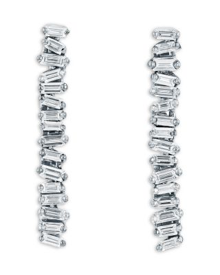 18K White Gold Classic Diamond Baguette Linear Baby Tennis Earrings