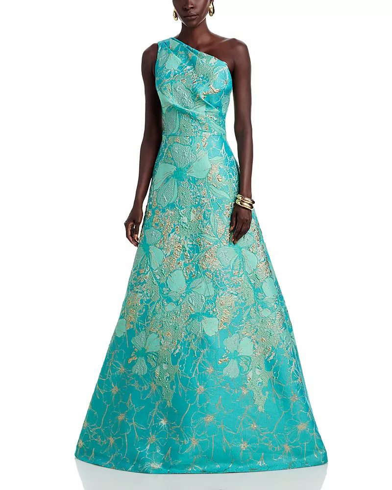 Teri Jon by Rickie Freeman One Shoulder Metallic Jacquard Gown
