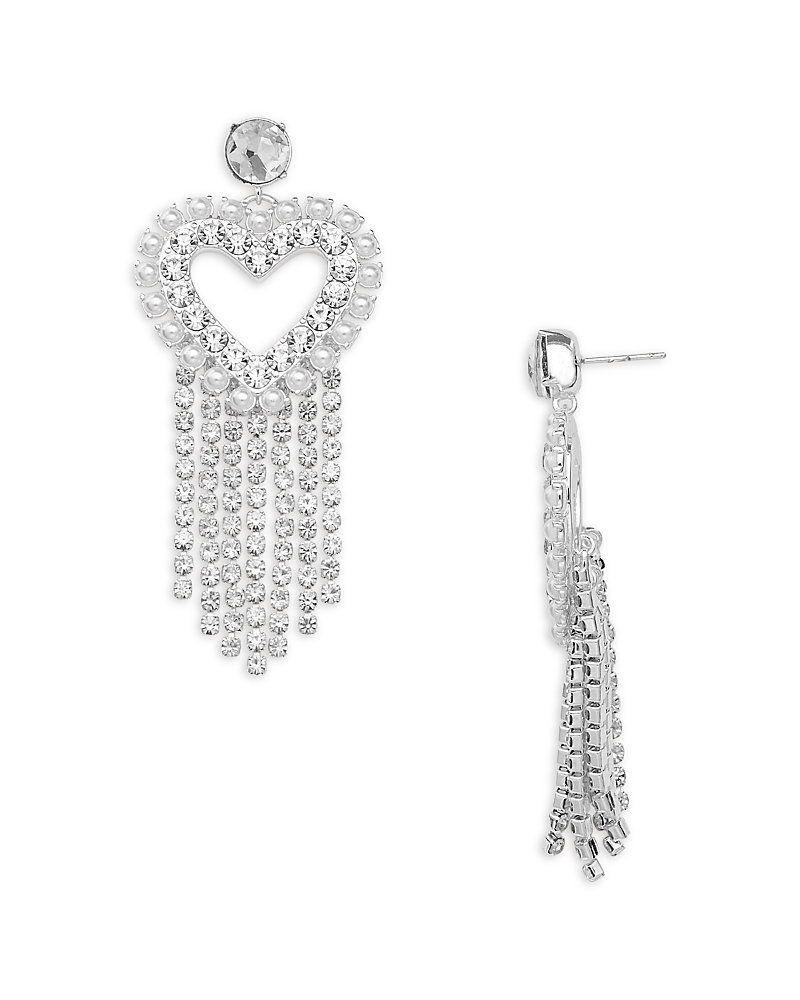 Aqua Salvo Rhinestone Heart Fringe Drop Earrings - Exclusive