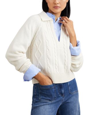 Lissy Wool-Blend Cable Stitch Open Collar Sweater