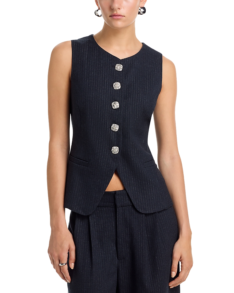 Aqua Pinstripe Rhinestone Button Vest - Exclusive In Blue
