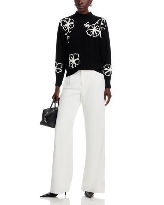 Long Dolman Sleeve Mock Neck Flower Embroidery Sweater