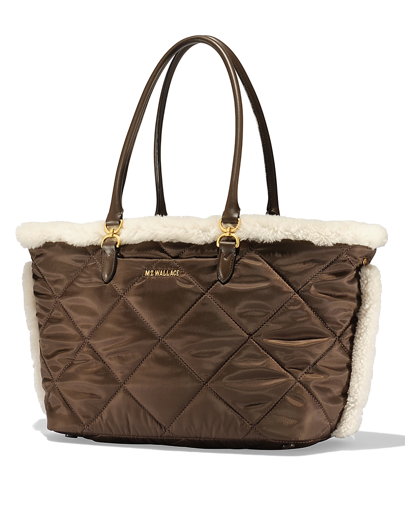 Mz Wallace Medium Madison East/west Quilted Shearling Tote In Brown