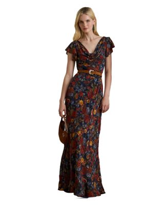 Floral Clipped Jacquard Cowlneck Gown