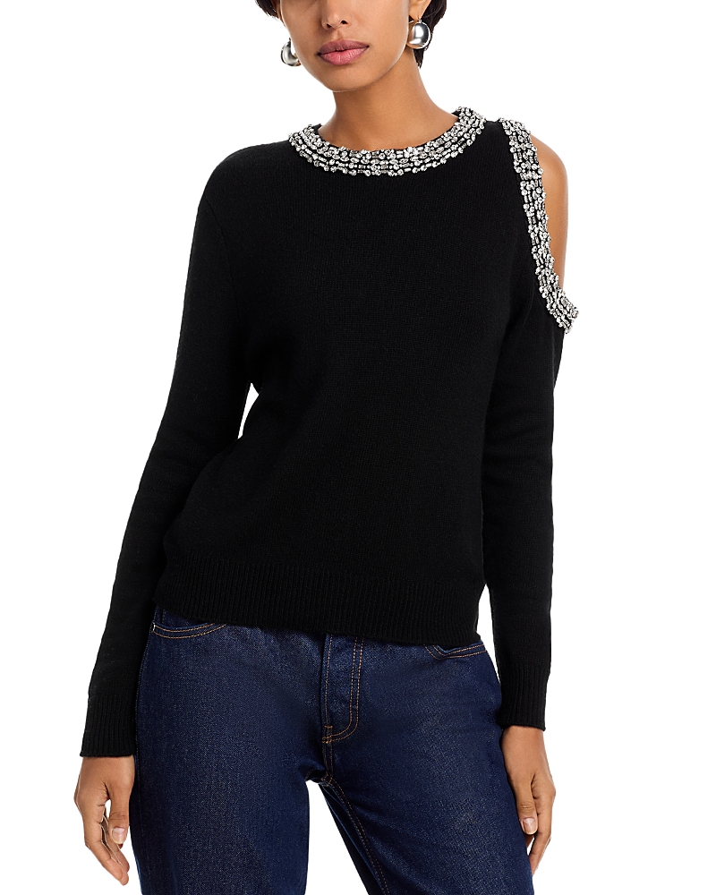 Milly Roma Crystal Embellished Crew Neck Long Sleeve Top In Black