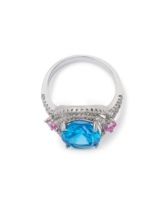 Blue Topaz, Pink Sapphire & Diamond Halo Ring in 14K White Gold