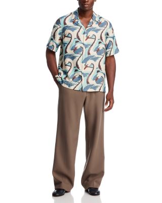 Swan Print Short Sleeved Regular Fit Button Down Shirt