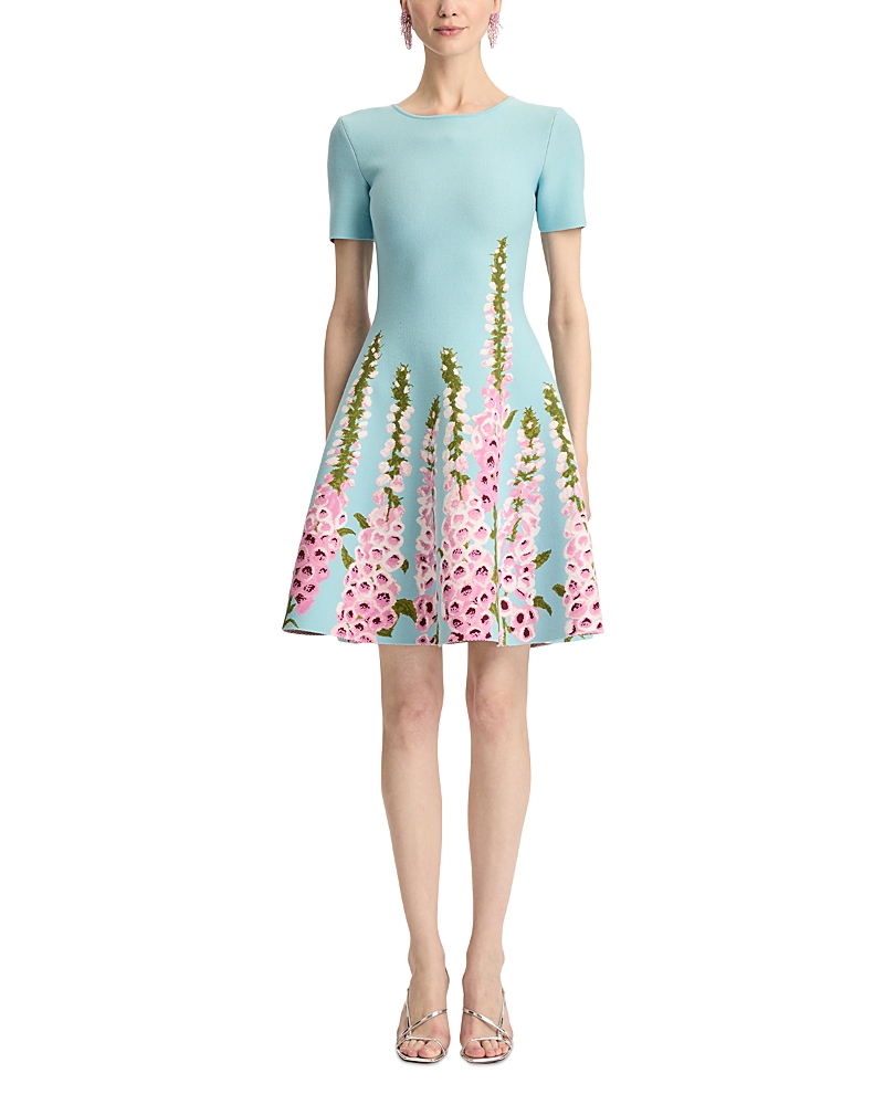 Oscar De La Renta Foxglove Jacquard Knit Dress In Blue