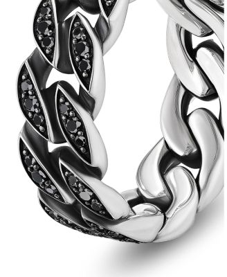 Men's Curb Chain Band Ring in Sterling Silver with Black Diamonds, 8mm