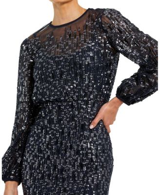 Sequin Long Sleeve Blouson Evening Gown
