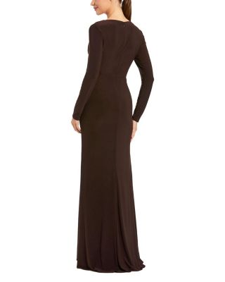  Faux Wrap Long Sleeve Gown w/ Applique Detail