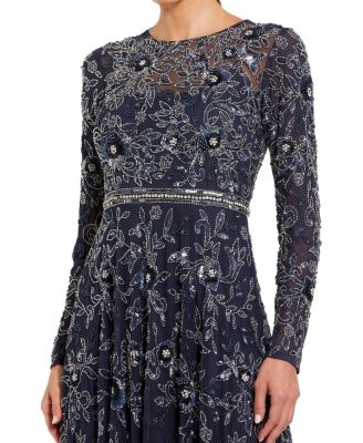  Long Sleeve Floral Embellished Mesh A Line Gown