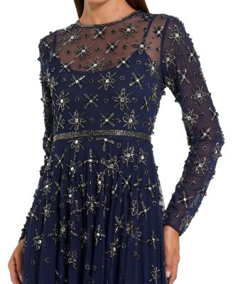 Long Sleeve Crystal Embellished Evening Gown