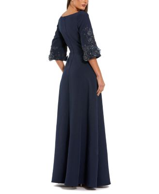  Crepe Gown with Floral Embellished Sleeves