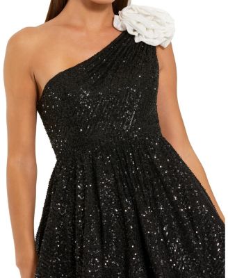  One Shoulder Sequin Mini Dress with 3D Flower