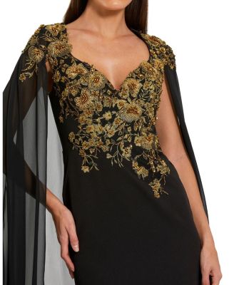  Embellished Crepe Gown With Chiffon Cape Sleeves