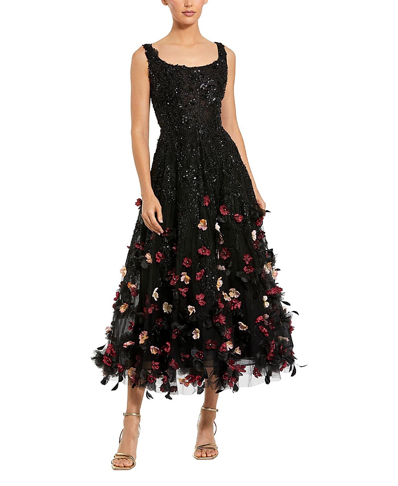 Mac Duggal Sleeveless Beaded With 3d Flowers Midi Dress In Multi