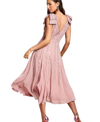 Bow Shoulder Embellished Midi Dress