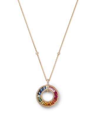 Rainbow Sapphire & Diamond Circle Pendant Necklace in 14K Yellow Gold, 18"