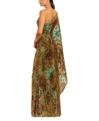  One Shoulder Metallic Burnout Velvet Evening Gown