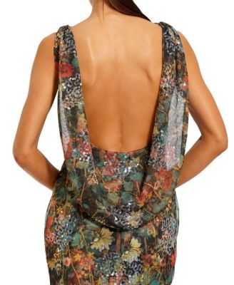  Printed Mesh Cowl Back Column Gown
