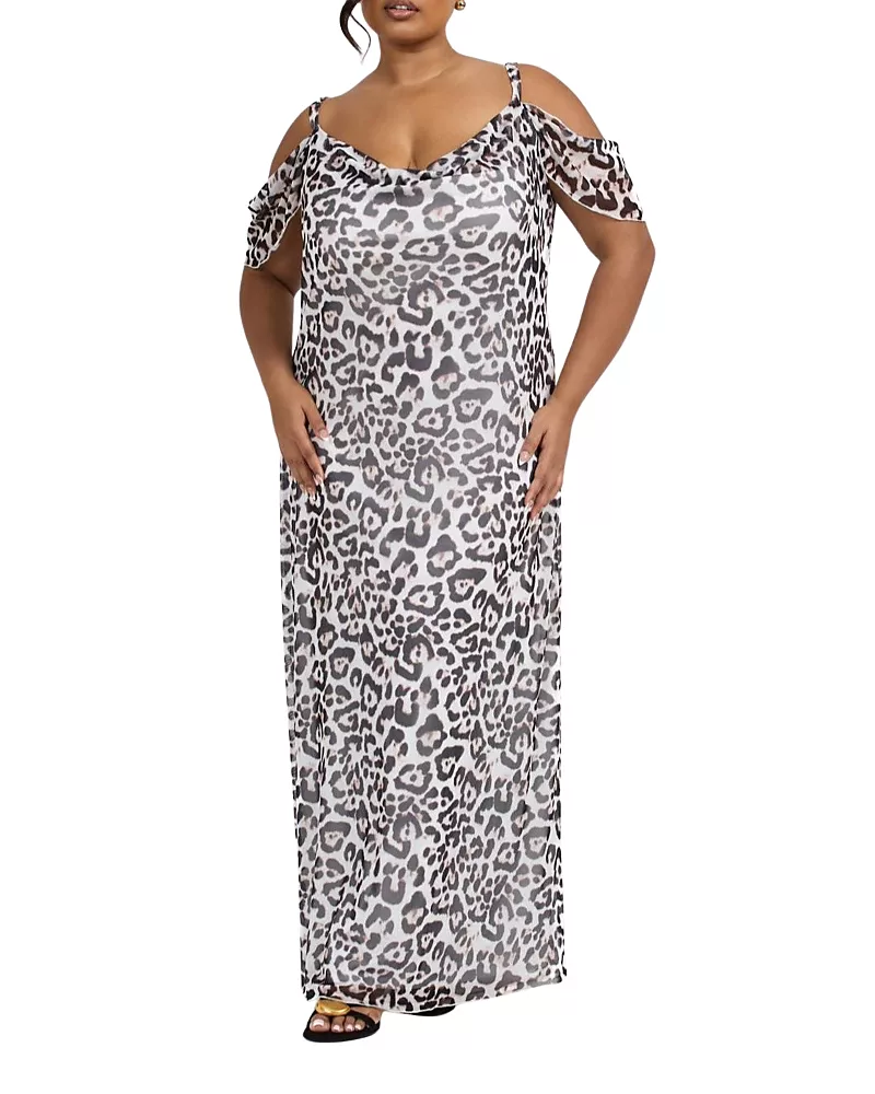 Fashion-szn Curve Off The Shoulder Leopard Maxi Dress