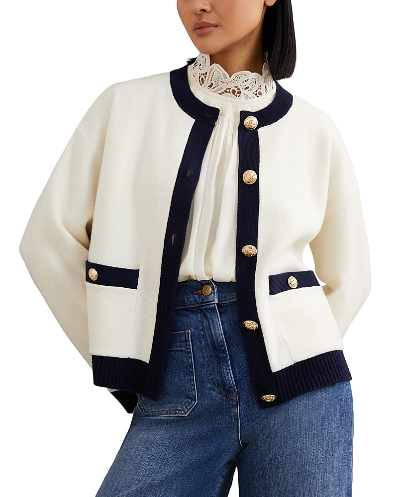 Reiss Olive Wool-cashmere Crewneck Cardigan In White