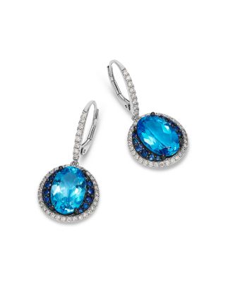 Swiss Blue Topaz, Blue Sapphire & Diamond Halo Drop Earrings in 14K White Gold