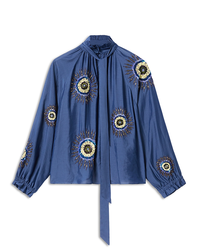 La Doublej Cerere Silk Embroidered Blouse In Blue