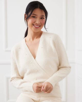 Karen Kane Embellished Faux Wrap V Neck Sweater