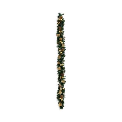 Pre-Lit Artificial Golden Frosted 9' Christmas Garland with Warm White LED Lights Pinecones, Berries and Ornaments